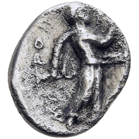 Apollo Musagetes walking right, wearing long robes, holding and playing a kithara