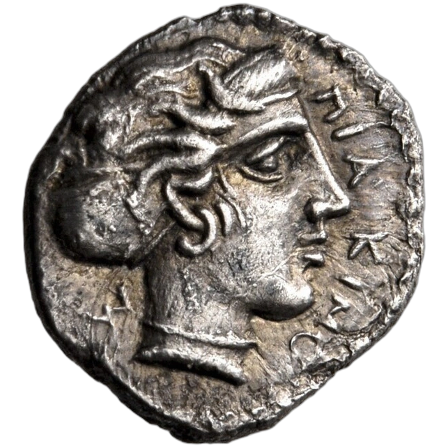 Head of nymph right, wearing ampyx, sphendone, spiral earring and plain necklace