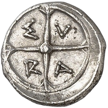 Four-spoked wheel with hub, single rim, and with struts; Σ-V-R-A within the quarters