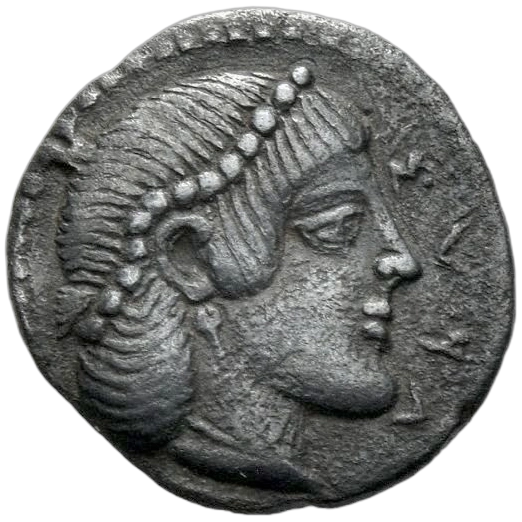 Head of Arethusa facing right, wearing pearl taenia, simple necklace, and pendant earring; hair brushed forward; legend ΣVRA (retrograde "R") in the right field; surrounded by a beaded border