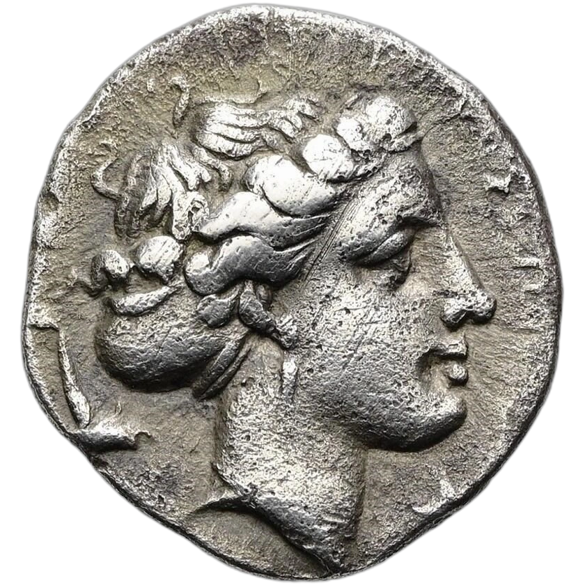 Head of Arethusa facing right; wearing earring, necklace, ampyx and sphendone; dolphin in left field