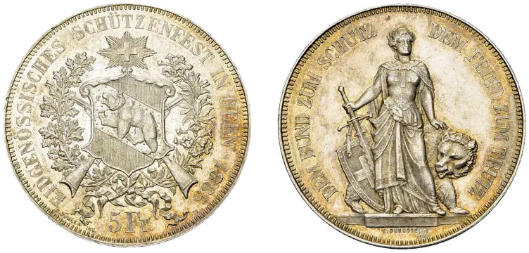 Legend encircling a wreath topped with the Swiss cross, surrounding the coat of arms of Bern, featuring three diagonal stripes and a bear at the center. and Legend encircling Helvetica, clad in armor featuring Swiss cross and wielding sword, with shield with cross to the left and bear behind