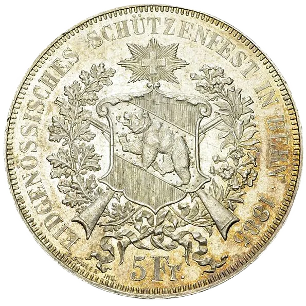 Legend encircling a wreath topped with the Swiss cross, surrounding the coat of arms of Bern, featuring three diagonal stripes and a bear at the center.